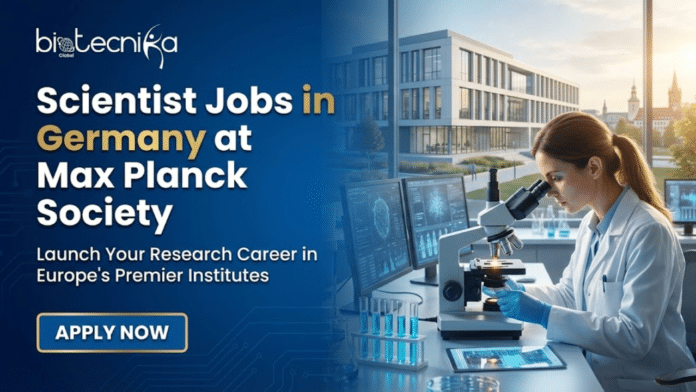 Scientist Jobs in Germany at Max Planck Society Don't Miss It. Gemini said A promotional banner for Biotecnika Global, featuring large white text on a blue background that reads