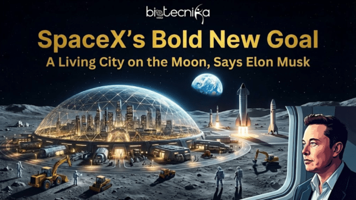 SpaceX’s Bold New Goal A Living City on the Moon, Says Elon Musk. The image illustrates a pivot in the modern space race: the transition from temporary