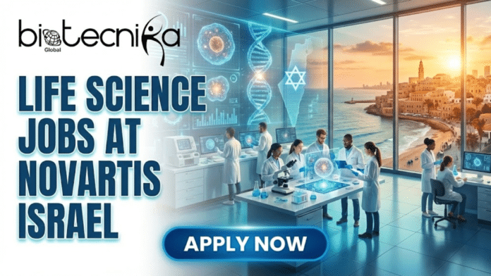 Top Life Science Jobs in Israel 2026 Work at Novartis. A promotional graphic with the