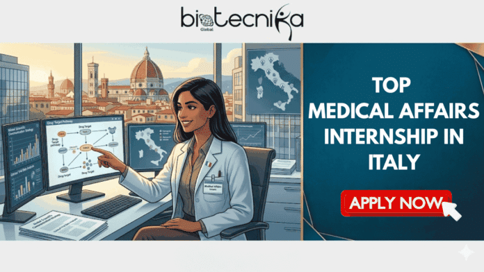 Top Medical Affairs Internship in Italy GE Healthcare Hiring Now!! A high-quality featured banner for a medical affairs internship job page, split between an illustration on the left and text on the right. The left side features a detailed illustration of a smiling female medical affairs intern, wearing a lab coat with an Italian flag pin and an