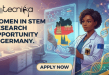 Women in STEM Research Opportunity in Germany | WISER Program 2026 Calling Women in STEM Research Opportunity in Germany WISER Program. A high-quality featured image for a job posting titled "Women in STEM Research Opportunity in Germany." The image features a professional female scientist in a modern laboratory interacting with a glowing holographic display of the German map and scientific data. The Biotecnika Global logo is positioned at the top left, and a prominent "Apply Now" button is at the bottom center. The scene is accented with DNA helices and molecular structures in a vibrant, futuristic style.