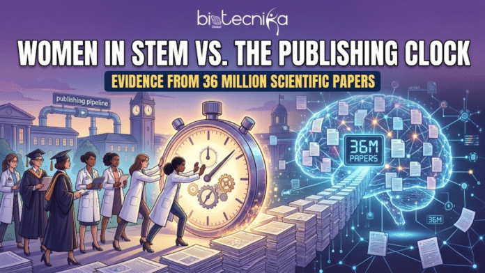 Women in STEM vs. the Publishing Clock Evidence from 36 million scientific papers. A conceptually rich featured image titled