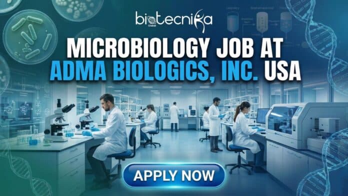 Microbiologist Fresher’s Job opportunity at ADMA Biologics in Life Science, showing laboratory testing and quality control.