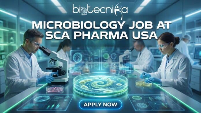 Microbiology Analyst at SCA Pharma performing lab testing and environmental monitoring in a GMP-compliant Windsor laboratory