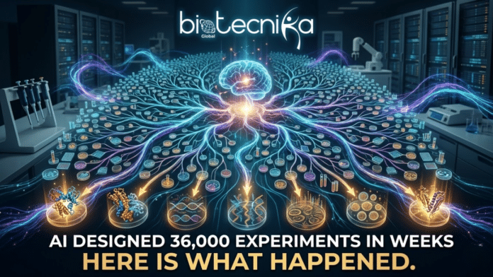 AI Designed 36,000 Experiments in Weeks. Here Is What Happened. A detailed digital illustration of a futuristic biotech laboratory where a central, glowing AI brain is intricately connected by luminous data pathways to a vast array of thousands of miniature petri dishes, representing the results of 36,000 experiments. In the foreground, specific, varied experiments showing complex molecular structures, gene sequences, and unique cell cultures are brightly highlighted. The background features server racks and lab equipment. At the top of the image is the 'Biotecnika Global' logo. At the bottom, a prominent, bold headline reads: