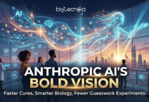 Anthropic AI’s Bold Vision: Faster Cures, Smarter Biology, Fewer Guesswork Experiments Anthropic AI’s Bold Vision Faster Cures, Smarter Biology, Fewer Guesswork Experiments. A futuristic promotional infographic for Anthropic AI, created by Biotecnika Global. In a modern, glass-walled office at dusk, a diverse group of scientists and professionals view a massive, glowing holographic projection. The central holographic figure is an ethereal, flying digital human composed of light and data streams, which is connected by intricate glowing lines to various scientific and biological symbols (a DNA helix, a brain, a molecule, charts), and the word 'AI'. The main text title below the projection reads: 'ANTHROPIC AI'S BOLD VISION' with a subtitle that says: 'Faster Cures, Smarter Biology, Fewer Guesswork Experiments'. The Biotecnika Global logo (a leaf and globe) is at the top center. The background shows a sprawling city skyline at sunset.