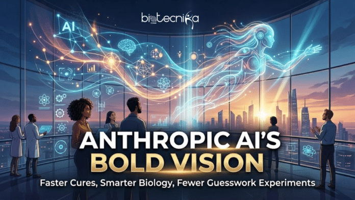 Anthropic AI’s Bold Vision Faster Cures, Smarter Biology, Fewer Guesswork Experiments. A futuristic promotional infographic for Anthropic AI, created by Biotecnika Global. In a modern, glass-walled office at dusk, a diverse group of scientists and professionals view a massive, glowing holographic projection. The central holographic figure is an ethereal, flying digital human composed of light and data streams, which is connected by intricate glowing lines to various scientific and biological symbols (a DNA helix, a brain, a molecule, charts), and the word 'AI'. The main text title below the projection reads: 'ANTHROPIC AI'S BOLD VISION' with a subtitle that says: 'Faster Cures, Smarter Biology, Fewer Guesswork Experiments'. The Biotecnika Global logo (a leaf and globe) is at the top center. The background shows a sprawling city skyline at sunset.