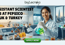 Assistant Scientist Job at PepsiCo – Work in UK & Turkey on Cutting-Edge Food Innovation! Assistant Scientist Job at PepsiCo – Work in UK & Turkey on Cutting-Edge Food Innovation!. A featured image for a job page with the text "biotecnika Global" and "ASSISTANT SCI SCIENTIST JOB IN UK & TURKEY" at the top. The central part of the image shows a smiling female scientist of Asian descent, wearing a white lab coat with a biotecnika Global patch, in a well-equipped laboratory setting. She is holding a multi-channel pipette over a well plate and an Erlenmeyer flask with blue/green liquid. On the lab bench are various flasks with colourful liquids, a DNA model structure, a centrifuge, and a control panel. To the bottom-left, there are miniature models representing London (red double-decker bus, Big Ben) and Istanbul (Hagia Sophia, tea glasses), and a small compass. Tiny glass spheres hold more landmarks. A window in the background reveals a blended city skyline featuring both London (the Shard) and Istanbul (Hagia Sophia/Blue Mosque). Additional text reads: "Help shape the future of taste with a global F&B leader. R&D Innovation | Food Science | Quality Assurance". At the bottom center, there is a large green button that says "APPLY NOW". Below the button, the text reads: "Explore your career path. Start your journey today." The overall composition is a dynamic blend of professional lab work and cultural symbolism for the two countries.