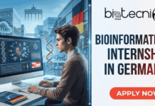 Full-Time Bioinformatics Internship in Germany | Apply for Bioprocess Data Science at Boehringer Ingelheim Bioinformatics Internship in Germany Apply for Bioprocess Data Science at Boehringer Ingelheim. A vertically divided job advertisement image. The left side is a composite visual showing a young professional working on bioinformatics data at a modern desk with a large monitor, surrounded by German research campus architecture, multiple German flags, and a view of the Brandenburg Gate. The right side features the 'biotecnika Global' logo at the top, followed by large, bold text that reads 'BIOINFORMATICS INTERNSHIP IN GERMANY', and a prominent red 'APPLY NOW' button at the bottom. The entire composition has a clean, professional, and inviting design.