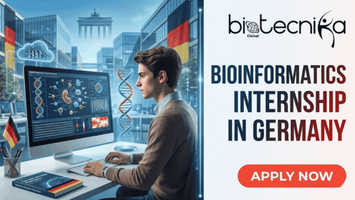 Bioinformatics Internship in Germany Apply for Bioprocess Data Science at Boehringer Ingelheim. A vertically divided job advertisement image. The left side is a composite visual showing a young professional working on bioinformatics data at a modern desk with a large monitor, surrounded by German research campus architecture, multiple German flags, and a view of the Brandenburg Gate. The right side features the 'biotecnika Global' logo at the top, followed by large, bold text that reads 'BIOINFORMATICS INTERNSHIP IN GERMANY', and a prominent red 'APPLY NOW' button at the bottom. The entire composition has a clean, professional, and inviting design.