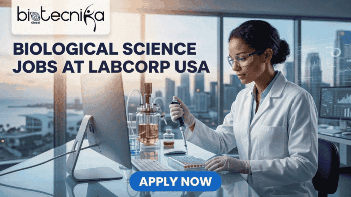 Biological Science Jobs at Labcorp USA  Technologist Trainee Featured image for a job advertisement from biotecnika Global. The text reads:
