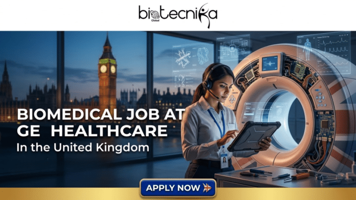 High-Growth Biomedical Job at GE Healthcare in the UK. A promotional banner featuring the biotecnika Global logo at the top. The bold text on the left reads: