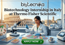 Biotechnology Internship in Italy at Thermo Fisher Scientific – Join the mRNA Project Team in Monza Biotechnology Internship in Italy at Thermo Fisher Scientific – Join the mRNA Project Team in Monza. An advertisement for a "Biotechnology Internship in Italy at Thermo Fisher Scientific" by biotecnika Global. The image features a stylized illustration of a smiling female scientist in a lab coat, pipetting samples at a laboratory bench with a microscope, computer, and other equipment. Outside the sunlit laboratory windows, the Roman Colosseum is prominent. A large green button at the bottom says "APPLY NOW". The overall illustration has a bright, professional feel with a decorative gold border.