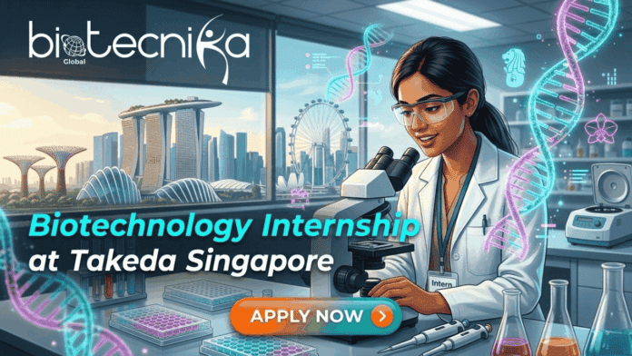 Biotechnology Internship in Singapore Apply For QO Intern Role at Takeda. Here is the featured image for your job page. It combines the lab environment with iconic Singapore elements, and includes the Biotecnika Global logo, the job title, and the