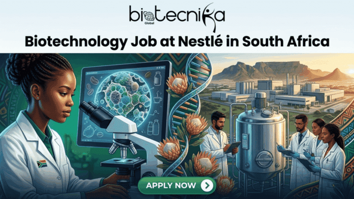 Biotechnology Job at Nestlé in South Africa QA Analyst Wanted. A composite promotional illustration banner (1280x720) with the 'biotecnika Global' logo at the top and the title 'Biotechnology Job at Nestlé in South Africa.' On the left, a focused Black female scientist in a white lab coat with a South African flag patch uses a microscope next to a monitor displaying cell cultures. In the center, a large DNA double helix is intertwined with protea flowers. On the right, a multi-racial team of three scientists works near a large industrial bioreactor and a chemical plant facility. In the far distance, Table Mountain is visible under a sunny sky. The corners are decorated with colorful geometric African patterns. A green 'APPLY NOW' button with a directional arrow is at the bottom center.