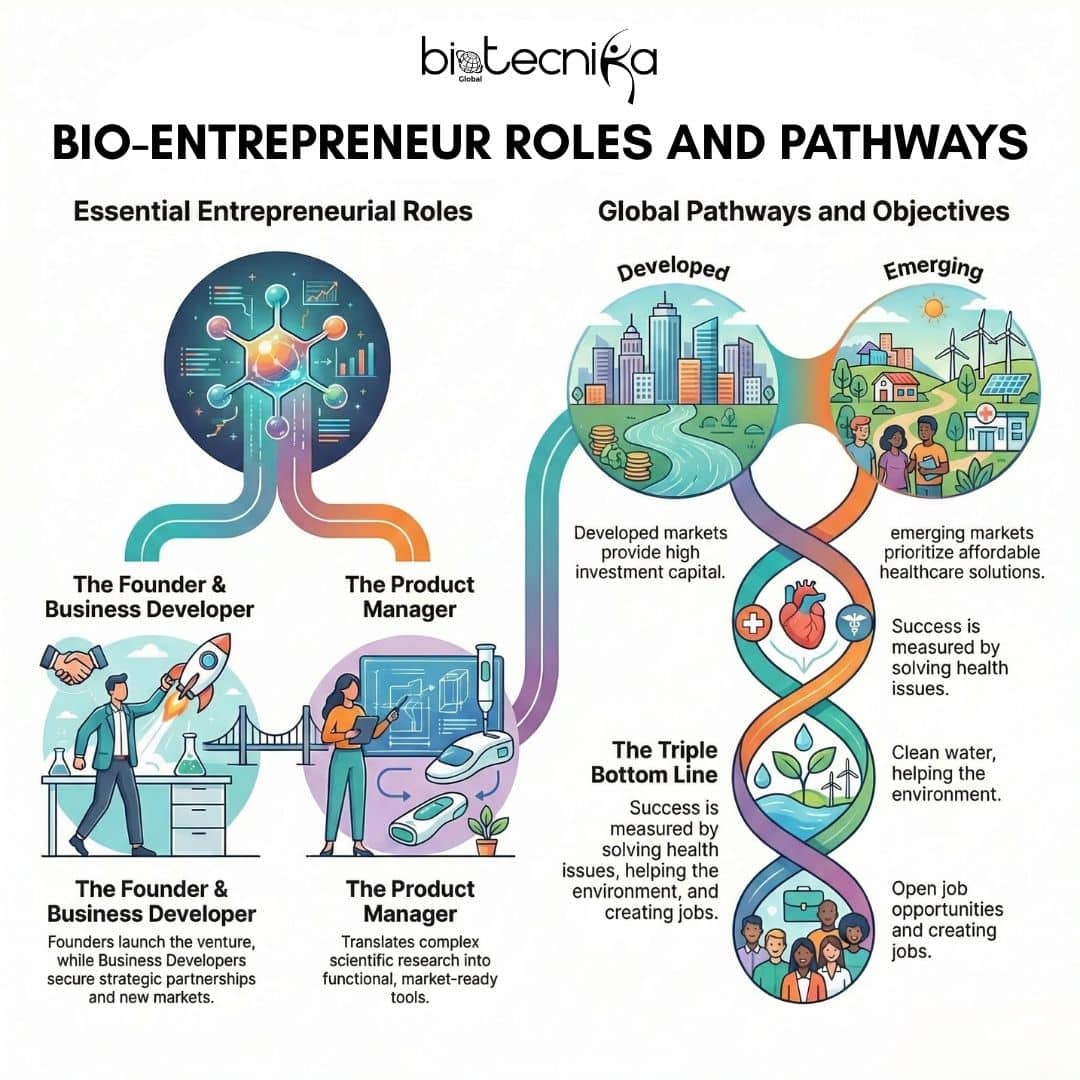 Explore Bio-Entrepreneurship Careers, key roles, global pathways, and essential Entrepreneurship Skills helping scientists turn research into startups.