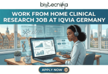 Clinical Research Job in Germany – Work from Home with IQVIA Careers! Clinical Research Job at IQVIA Germany Work from Home Job. A detailed digital illustration for a 'biotecnika Global' job posting. A woman of color with a headset is working on a laptop at a desk in her home office, set between two windows with a view of a traditional German town. Her laptop screen displays multiple semi-transparent data panels labeled 'Clinical Trial', 'Patient Journey', 'Study Protocol', 'Patient Data', 'Adverse Event Graph', and 'Compound Functions'. Desk items include scientific books, a succulent, and a molecular-diagram mug. Large white text at the top, on a teal band, reads: 'WORK FROM HOME CLINICAL RESEARCH JOB AT IQVIA GERMANY'. At the bottom, a blue and gold button reads: 'APPLY NOW'.