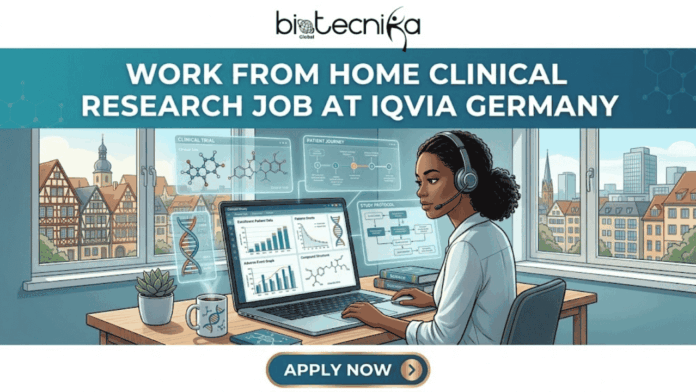 Clinical Research Job at IQVIA Germany Work from Home Job. A detailed digital illustration for a 'biotecnika Global' job posting. A woman of color with a headset is working on a laptop at a desk in her home office, set between two windows with a view of a traditional German town. Her laptop screen displays multiple semi-transparent data panels labeled 'Clinical Trial', 'Patient Journey', 'Study Protocol', 'Patient Data', 'Adverse Event Graph', and 'Compound Functions'. Desk items include scientific books, a succulent, and a molecular-diagram mug. Large white text at the top, on a teal band, reads: 'WORK FROM HOME CLINICAL RESEARCH JOB AT IQVIA GERMANY'. At the bottom, a blue and gold button reads: 'APPLY NOW'.
