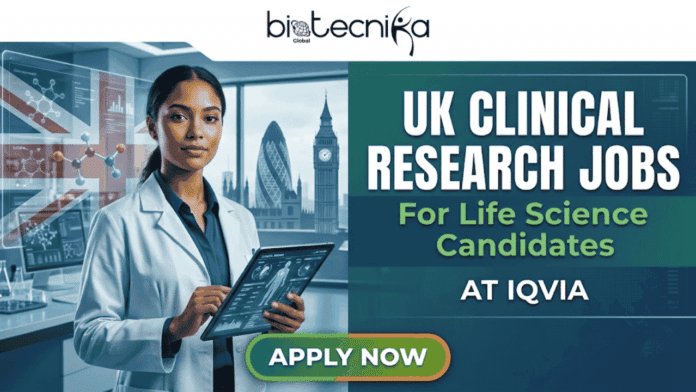 Clinical Research Jobs in UK for Life science Candidates At IQVIA. A promotional banner with a logo at the top center that reads: