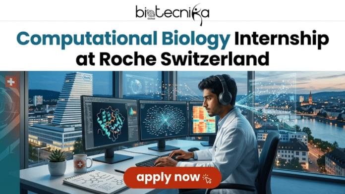 Computational Biology Internship at Roche Switzerland Don't Miss. An innovative and engaging featured image for a job page. At the top of the image, the Biotecnika Global logo (text, globe, and dynamic human figure) is prominently displayed above the bold multi-line text: 'Computational Biology Internship at Roche Switzerland'. Below this text is a detailed illustrative scene of a high-tech, modern computational biology laboratory. A young person, an intern (of South Asian descent), in a lab coat is seated at a large, multi-screen workstation, wearing over-ear headphones and intensely focused on the task. The computer screens display complex, data-driven scientific visualizations: one screen shows intricate molecular 3D structures and folding; another features a large gene expression network map; and a third displays a gene expression heat map. Transparent, floating holographic interfaces spill from the screens, with data particles and network trails connecting the digital information to the real-world view outside. The workstation desk is cluttered with unique and relatable personal items: a coffee mug with a stylized Swiss cross pattern and potted plant on the left; an open notebook with detailed molecular sketches, data notes, and code snippets on the right. Behind the intern, a massive, floor-to-ceiling window reveals a breathtaking and clear view of the Basel, Switzerland skyline and the Rhine River at twilight. The iconic white stepped tower of the Roche campus is clearly visible among other city buildings and bridges. The entire composition has a high-quality illustrative-yet-photorealistic finish, with deep blues, greens, and warm oranges creating a high-energy, sophisticated color palette. Text is crisp and clear. At the very bottom center of the image, a prominent, polished, button-shaped element (colored in a rich deep orange-red that pops) contains the clear, bold text 'apply now' in white font, with a subtle mouse pointer indicating a click. The composition is balanced, forward-looking, and designed to attract aspiring computational biologists to a globally connected career in innovation. No Roche company logo is added.