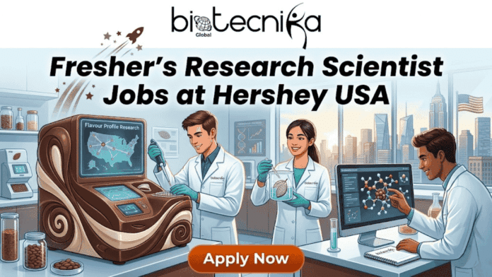 Dream Research Scientist Role at Hershey USA – High-Paying Jobs in USA for Freshers! An innovative and engaging featured image for a job page. At the top, a clean header banner with the biotecnika Global logo (text, globe, and figure) and a stylized rocket trail. Below it, large text reads:
