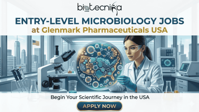 Entry-Level Microbiology Jobs at Glenmark Pharmaceuticals USA. A promotional banner image from biotecnika Global for