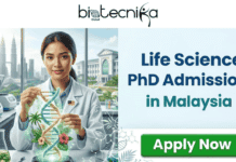 Explore PhD Admissions in Malaysia: Applications Invited for AI Program Explore PhD Admissions in Malaysia Applications Invited for AI Program. A promotional banner for "Life Science PhD Admissions in Malaysia". On the left, a young female researcher in a lab coat and Malaysian flag pin holds and assembles an intricate DNA model styled as a tropical tree with palm fronds, hibiscus flowers, and a tiny Malaysian flag. The background shows a modern lab with equipment, and a view of the Kuala Lumpur skyline (including the Petronas Towers) and a university building. On the right, large dark blue text reads "Life Science PhD Admissions in Malaysia". Below the text is a large green "Apply Now" button. The "biotecnika Global" logo is centered at the top of the banner.