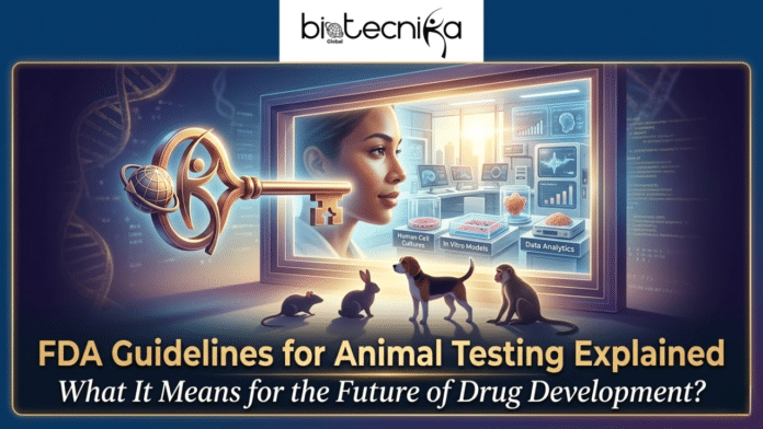 FDA Guidelines for Animal Testing Explained What It Means for the Future of Drug Development. A richly detailed featured image with a deep blue and gold aesthetic, set against a background with a subtle DNA double helix pattern. At the top center, in a white box, is the biotecnika Global logo (text with a globe and stylized human-like figure). The main title text below is large and golden: