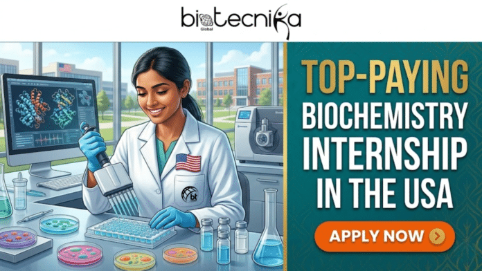 Top-Paying Biochemistry Internship in the USA | Earn upto $27/hr. An illustrated featured image banner split between a laboratory scene and a text panel. Across the top is a white header with the black logo