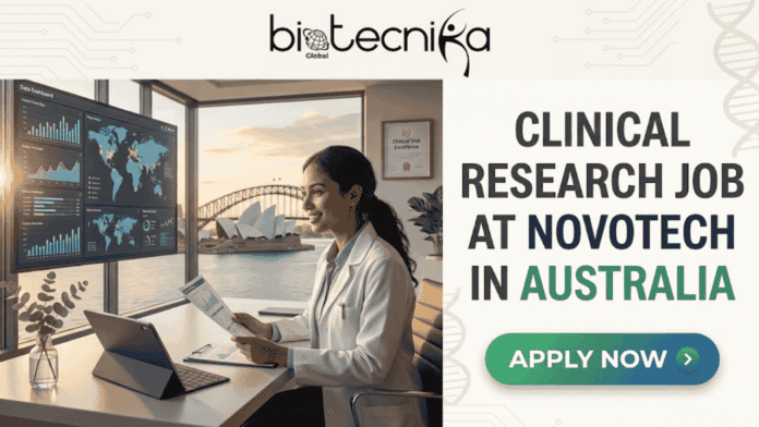Clinical Research Job at Novotech Australia | Life Sciences Careers. Job banner for a Clinical Research position at Novotech in Australia. The Biotecnika Global logo is at the top. The left features a modern office scene with a researcher working and a clear view of the Sydney Opera House through the window. Prominent text on the right states: 'CLINICAL RESEARCH JOB AT NOVOTECH IN AUSTRALIA'. Below the text is a green-to-blue gradient button reading 'APPLY NOW' with an arrow.
