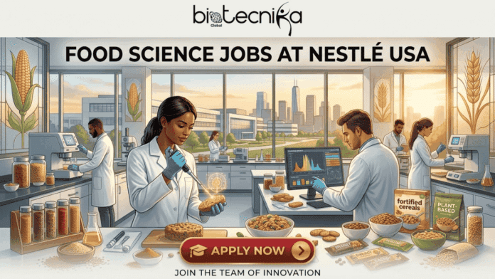 Latest Food Science Internship in USA at Nestlé | Don't Miss It. An illustrated promotional banner for biotecnika Global, with the main headline text reading