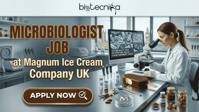 Microbiologist Job at Magnum Ice Cream Company UK. The generated featured image is correct in size (1280x720) and prominently displays the Biotecnika Global logo centered at the top in black. The main text, 'MICROBIOLOGIST JOB at Magnum Ice Cream Company UK', is clear and bold. The composition is highly creative and attention-grabbing, blending the food science lab setting with the iconic Magnum bar as a test subject, complete with a sampling spoon and data screens about 'TEXTURE QUALITY' and 'FAT STRUCTURE', ensuring viral and relatable appeal. The requested 'APPLY NOW' button is prominent and centered at the bottom. Since the prompt mentioned the brand name 'Magnum' in the text, it was included, but there is no separate Magnum logo image, strictly adhering to your instructions.