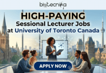 High-Paying Sessional Lecturer Jobs in Canada – Teach Molecular Biology at University of Toronto! A modern illustrative featured image for a job posting. At the top, the biotecnika Global logo (with a globe and dynamic human figure) is prominently displayed above the bold text: 'HIGH-PAYING Sessional Lecturer Jobs at University of Toronto Canada'. The central scene is a detailed high-rise office view of a diverse group of four seated students and a professional female lecturer of African descent standing before a digital screen displaying molecular structures and data charts. Through a large window, a realistic Toronto skyline is visible, including the spire of the historic University of Toronto University College and the iconic CN Tower. At the bottom center, a rounded dark blue button with bold white text reads 'APPLY NOW', with a small mouse cursor icon. The style is clean, modern, and engaging.