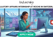 Regulatory Affairs Internship at Roche in Switzerland | Life Science Students Apply Today!! Regulatory Affairs Internship at Roche in Switzerland | Apply Today! Featured image advertisement for a Remote Pharmacovigilance Internship at GE Healthcare USA, presented by Biotecnika Global. The graphic shows a woman in a home office with a large curved monitor displaying a 'Biotecnika Health Intelligence' dashboard with data analysis charts and a 'Global Team Sync' video conference window. A button at the bottom reads 'APPLY NOW'.