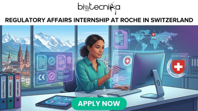 Regulatory Affairs Internship at Roche in Switzerland | Apply Today! Featured image advertisement for a Remote Pharmacovigilance Internship at GE Healthcare USA, presented by Biotecnika Global. The graphic shows a woman in a home office with a large curved monitor displaying a 'Biotecnika Health Intelligence' dashboard with data analysis charts and a 'Global Team Sync' video conference window. A button at the bottom reads 'APPLY NOW'.