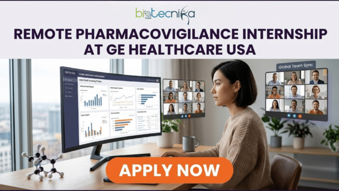 Remote Pharmacovigilance Internship at GE HealthCare – Break Into Drug Safety Careers in USA! A promotional banner for Biotecnika Global, with its logo (text and globe icon) at the top. The headline text states: 'REMOTE PHARMACOVIGILANCE INTERNSHIP AT GE HEALTHCARE USA'. The central part of the image features a professional young woman with short dark hair, sitting at a wooden desk in a modern home office with a large window showing a city view. She is wearing a textured beige sweater and is looking intently at a curved ultra-wide monitor. The monitor displays sophisticated data dashboards with charts and graphs, including labels like 'GLOBAL DRUG SAFETY INTELLIGENCE', 'Adverse Event Reports', 'Safety Signal Detection', and 'Case Analysis'. Text on the screen also mentions 'Intern Portal: Accessing PV Data'. Floating to the right of the monitor is a video call grid labeled 'Global Team Sync', showing multiple diverse faces of team members. On the left of the desk is a physical molecular model structure. At the bottom of the image, a large, prominent orange button with bold white text reads 'APPLY NOW'. The overall color scheme is calm and professional with deep purples and oranges. The background shows blurred houseplants and a modern mug.