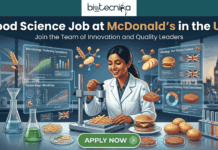 Food Science Job Alert in UK | Join McDonald’s & Design Menu Items Millions Will Love! Food Science Job Alert in UK Join McDonald’s & Design Menu Items Millions Will Love!. A promotional banner titled 'Food Science Job at McDonald’s in the UK' with the biotecnika Global logo at the top center. The banner features a smiling female food scientist in a lab coat centrally located, using scientific tools to analyze french fries on a scale. She is surrounded by multiple floating holographic displays with detailed text and graphs, including 'Microbiology: Perfecting Consistency', 'Rheology: Bun Texture Science' with the UK flag, and 'Ingredient Profiling: Patty Consistency' with pie charts. Other objects in the scene include beakers, test tubes, raw potatoes, a burger, raw beef patties, and other fast-food items on a lab bench. The background is a large window with a view of the London skyline at dusk (including Big Ben) and a red UK phone box. A green 'APPLY NOW' button is prominent at the bottom.