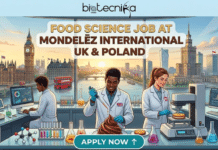 Turn Your Passion for Chocolate into a Global Food Science Job with Mondelēz in UK & Poland! Gemini said A detailed illustrative promotional banner for a Food Science job at Mondelēz International, with prominent text reading 'FOOD SCIENCE JOB AT MONDELĒZ INTERNATIONAL UK & POLLAND' against a futuristic lab background and a blended, sunrise panoramic cityscape that features iconic London and Warsaw landmarks. Below, a diverse team of three food scientists, with UK and Polish flag pins on their lab coats, is engaged in work with advanced scientific equipment and food products, with computer screens showing complex data visualizations. At the top center is the Biotecnika Global logo, and a large teal 'APPLY NOW' button with an upward arrow is centered at the bottom.