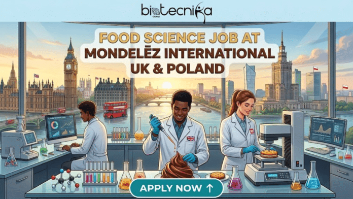 Gemini said A detailed illustrative promotional banner for a Food Science job at Mondelēz International, with prominent text reading 'FOOD SCIENCE JOB AT MONDELĒZ INTERNATIONAL UK & POLLAND' against a futuristic lab background and a blended, sunrise panoramic cityscape that features iconic London and Warsaw landmarks. Below, a diverse team of three food scientists, with UK and Polish flag pins on their lab coats, is engaged in work with advanced scientific equipment and food products, with computer screens showing complex data visualizations. At the top center is the Biotecnika Global logo, and a large teal 'APPLY NOW' button with an upward arrow is centered at the bottom.