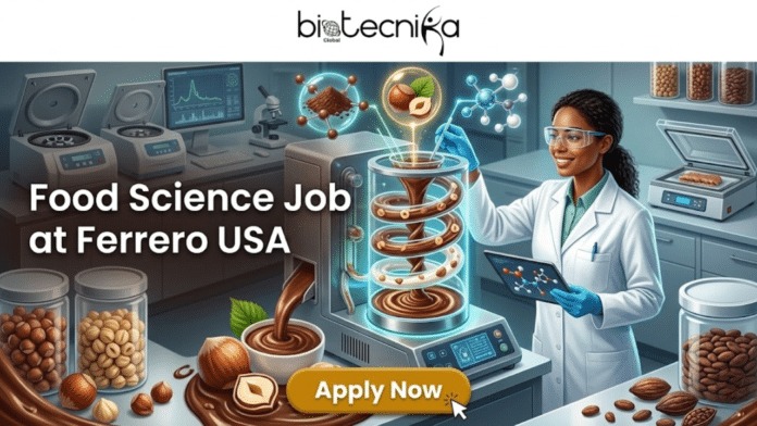 Food Science Job in USA Quality Technician Ferrero Jobs. A detailed, dynamic infographic header image for a job posting. At the top center, the complete black 'biotecnika Global' logo (with text, globe, and dynamic human figure) is positioned against a textured white bar. Below it, large, bold white sans-serif text across the center reads: 'Food Science Job at Ferrero USA'. The central area features a vibrant, rich, and high-tech food science laboratory scene focused on chocolate innovation. A futuristic, glass-walled processing machine with an internal, glowing spiral processes a swirling mixture of chocolate and hazelnut cream, creating a unique visual pattern. The lab is filled with sophisticated equipment, including multiple high-speed centrifuges with analytical screens displaying data plots, complex analytical screens, bioreactor-like processing machines, a vacuum sealer for product prototyping, jars of raw ingredients like cocoa beans and various types of hazelnuts (unshelled and shelled), and a bowl of melted chocolate with a stylized swirl and perfect whole hazelnuts. Stylized, glowing molecular models of flavor and ingredient structures float in the air, along with analytical data visualizations. The entire composition is visually rich, with a deep chocolate brown, gold, and hazelnut beige color palette highlighted by scientific blues and greens. Depth of field is present, making the lab feel active and modern. At the bottom center, a prominent, polished, button-shaped element (colored in a rich gold-orange that pops) contains the clear, bold text 'Apply Now' in white font, with a subtle mouse pointer indicating a click. The overall lighting is focused and clean, giving the scene an optimistic and innovative feel.