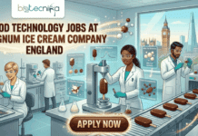 Food Technology Jobs in England at The Magnum Ice Cream Company | Don’t Miss This Opportunity Food Technology Jobs At Magnum Ice Cream Company England A featured image for a job advertisement titled "FOOD TECHNOLOGY JOBS AT MAGNUM ICE CREAM COMPANY ENGLAND" in bold, dark brown text. The illustration shows a team of diverse food scientists in a high-tech laboratory and production facility. A female scientist is using a machine for "Melting Rate Analysis" on a chocolate ice cream bar, while others monitor a production line of ice cream bars and analyze "Milk Fat Globules" and "Cocoa Components" on holographic displays. In the background, a large window reveals the London skyline, including Big Ben and The Shard. The Biotecnika Global logo is positioned at the top left, and a chocolate-brown "APPLY NOW" button is at the bottom center, surrounded by golden, sparkling light trails.