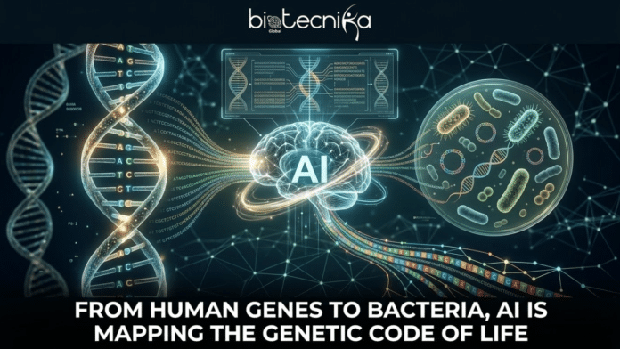 From Human Genes to Bacteria, AI Is Mapping the Genetic Code of Life. A bioinformatics infographic featuring the 'biotecnika Global' logo at the top. The image depicts a glowing, network-infused brain with