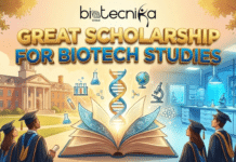 GREAT Scholarship for Biotech Studies | Eligibility, Benefits & How to Apply GREAT Scholarship for Biotech Studies Eligibility, Benefits & How to Apply. A vibrant featured image for Biotecnika Global titled "GREAT SCHOLARSHIP FOR BIOTECH STUDIES." The illustration features a large open book in the center, with a glowing DNA double helix, lab equipment, and a globe rising from its pages. On the left, graduates look toward a traditional university campus, while on the right, they look toward a high-tech modern laboratory, symbolizing the bridge between education and research.