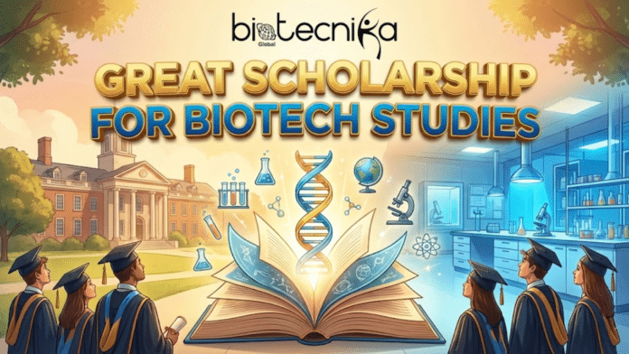 GREAT Scholarship for Biotech Studies Eligibility, Benefits & How to Apply. A vibrant featured image for Biotecnika Global titled