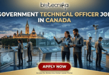 Government Job in Canada | Life Science Candidates Can Earn $91K per annum as Technical Officer! Government Job in Canada Life Science Candidates Can Earn $91K per annum as Technical Officer!. An advertisement banner for a "GOVERNMENT TECHNICAL OFFICER JOB IN CANADA" under the "biotecnika Global" logo. The image features a diverse team of technical professionals in generic government jackets working at futuristic, transparent, holographic touch-screen data consoles displaying charts, maps, and infrastructure plans. In the background is a twilight view of Parliament Hill in Ottawa, Canada, across a river. A prominent red 'APPLY NOW' button is centered at the bottom, with smaller text below reading "Access the Biotecnika Global Career Portal."
