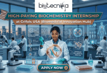 High-Paying Biochemistry Internship in USA – Join Grifols’ Protein Discovery Team Now! High Paying Biochemistry Internship at Grifols USA Open Now. A detailed and attractive promotional banner from biotecnika Global advertising a 'HIGH-PAYING BIOCHEMISTRY INTERNSHIP at Grifols USA (Biomedical Innovation Hub)'. The scene depicts a focused female scientist of color in a lab coat, working at an advanced laboratory station with two robotic arms. She is pipetting a sample into an intricate, glowing biomolecular model. Large transparent AR/hologram data screens float around her, showing detailed molecular structures, a full-body anatomical diagram, and text like 'PLASMA RECOVERY TECHNOLOGY', 'ADVANCED BIOCHEMICAL ANALYSIS', 'Launch Your Career', and 'Top-Tier Opportunity'. Behind her, a floor-to-ceiling window overlooks a detailed US city skyline at twilight with a prominent, waving American flag. Other diverse scientists work in the background. In the foreground are automated microplates with a central glowing hologram. At the bottom center, a prominent stylized button reads 'APPLY NOW'. The overall image is designed to be highly attractive, unique, and related to the prompt.