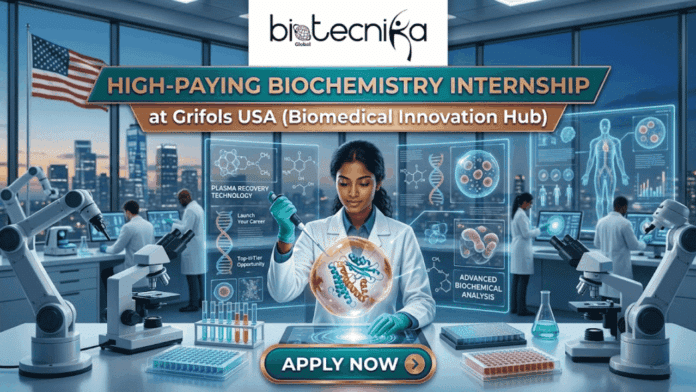 High Paying Biochemistry Internship at Grifols USA Open Now. A detailed and attractive promotional banner from biotecnika Global advertising a 'HIGH-PAYING BIOCHEMISTRY INTERNSHIP at Grifols USA (Biomedical Innovation Hub)'. The scene depicts a focused female scientist of color in a lab coat, working at an advanced laboratory station with two robotic arms. She is pipetting a sample into an intricate, glowing biomolecular model. Large transparent AR/hologram data screens float around her, showing detailed molecular structures, a full-body anatomical diagram, and text like 'PLASMA RECOVERY TECHNOLOGY', 'ADVANCED BIOCHEMICAL ANALYSIS', 'Launch Your Career', and 'Top-Tier Opportunity'. Behind her, a floor-to-ceiling window overlooks a detailed US city skyline at twilight with a prominent, waving American flag. Other diverse scientists work in the background. In the foreground are automated microplates with a central glowing hologram. At the bottom center, a prominent stylized button reads 'APPLY NOW'. The overall image is designed to be highly attractive, unique, and related to the prompt.