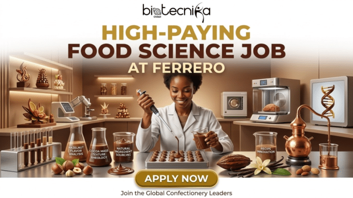 High-Paying Food Science Job at Ferrero Hybrid Jobs in USA. A promotional job advertisement banner for a food science role at Ferrero. A smiling female scientist of African descent in a modern, confectionery-themed lab is carefully pipetting chocolate onto a tray of pralines. She is surrounded by research equipment, including beakers labeled