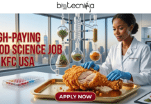 High-Paying Food Science Job in USA: KFC Hiring Food Safety Analyst – Apply Before It’s Gone High-Paying Food Science Job at KFC USA Earn Upto $131Kyr. A promotional banner for a job, featuring a female scientist in a lab coat and blue gloves working with scientific glassware, distilling spices over a large piece of crispy fried chicken on a golden tray. The text, in large red and gold letters, reads "HIGH-PAYING FOOD SCIENCE JOB AT KFC USA". The scene includes scientific multi-well plates, a spice rack, and a screen showing molecular structures, set within a modern laboratory with windows overlooking a city skyline. The "biotecnika Global" logo is at the top, and a red "APPLY NOW" button is at the bottom center.