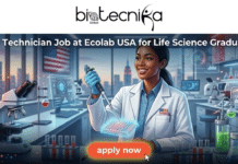 Hiring Now! Lab Technician Job at Ecolab USA for Life Science Graduates Hiring Now! Lab Technician Job at Ecolab USA for Life Science Graduates. A job posting graphic for biotecnika Global. The text at the top reads: "Lab Technician Job at Ecolab USA for Life Science Graduates". Below the text, a modern digital illustration shows a smiling Black woman in a lab coat and blue gloves, carefully using a micropipette to transfer liquids to a 96-well microplate. The setting is a detailed, high-tech life sciences laboratory with microscopes, data screens, flasks of various colored chemicals, and a twilight city skyline in the background. At the bottom, a prominent red-orange button reads "apply now".